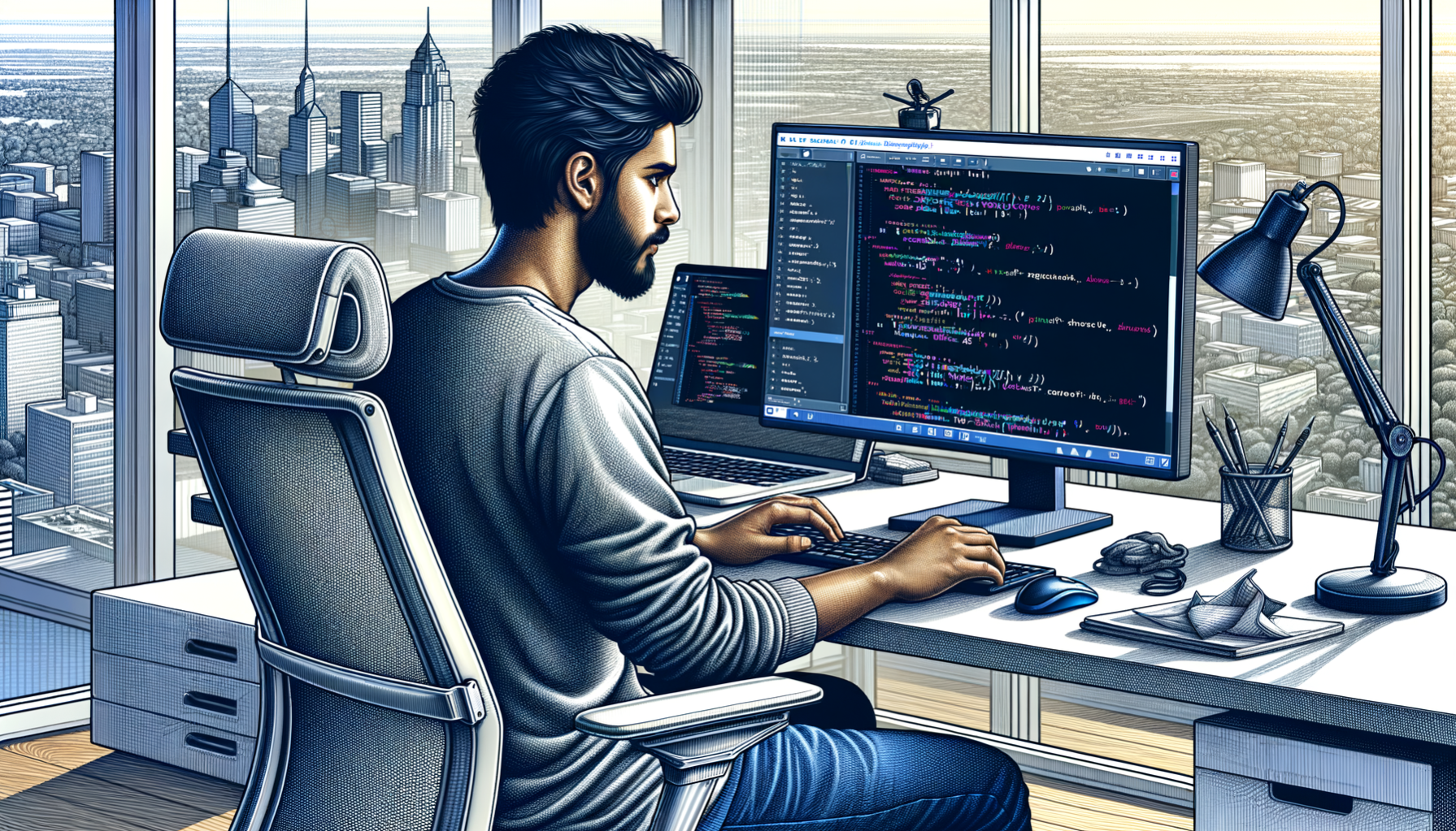 Illustration of a web developer working on React.js code