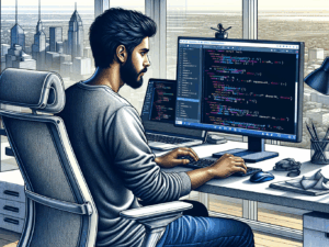 Illustration of a web developer working on React.js code
